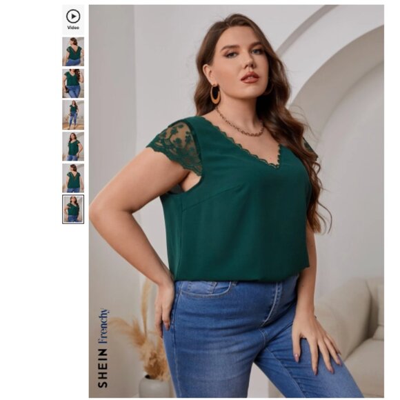 French Style Plus Size Embroidered Mesh V Neck Blouse, Dark Green, 2X / 3X - Picture 3 of 8